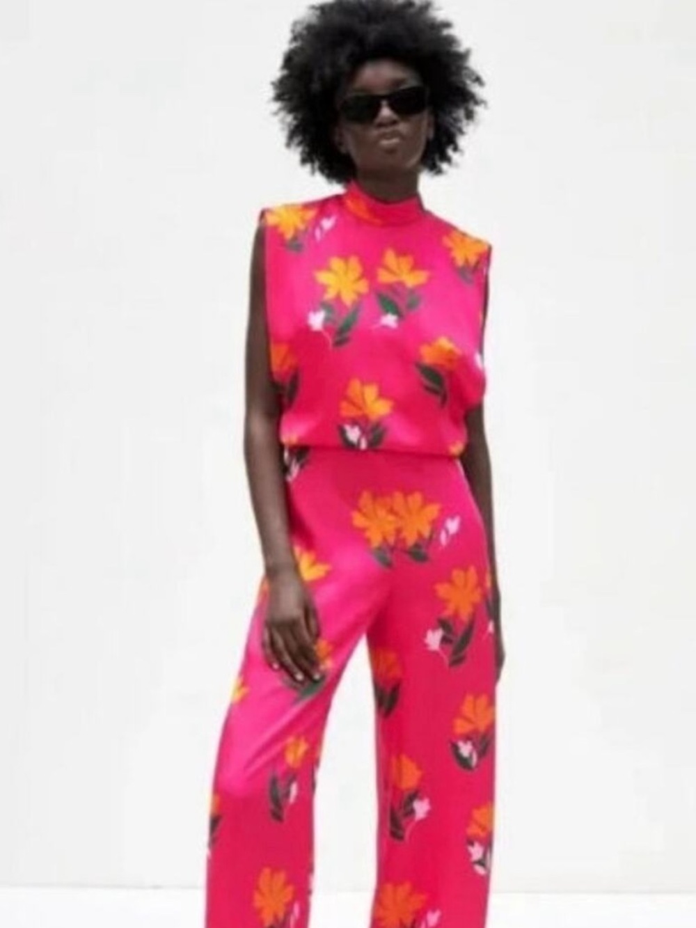 ZARA HOT PINK FLORAL PRINT SATIN SLEEVELESS OPEN BACK JUMPSUIT BLOGGERS FAV S